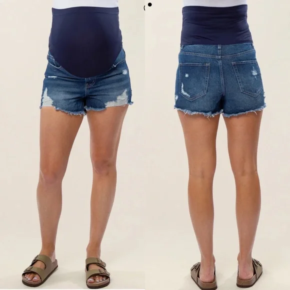 Pinkblush Dark Wash Distressed Raw Hem Maternity Full Panel Shorts - Picture 2 of 8